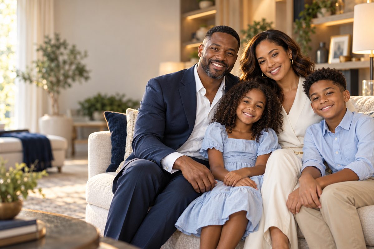 Illustrative family portrait of two parents and their children smiling together at home